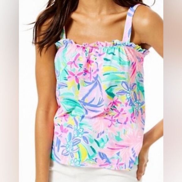 Lilly Pulitzer Jia Tank Top It was All a Dream Floral Pink Blue - Picture 1 of 6